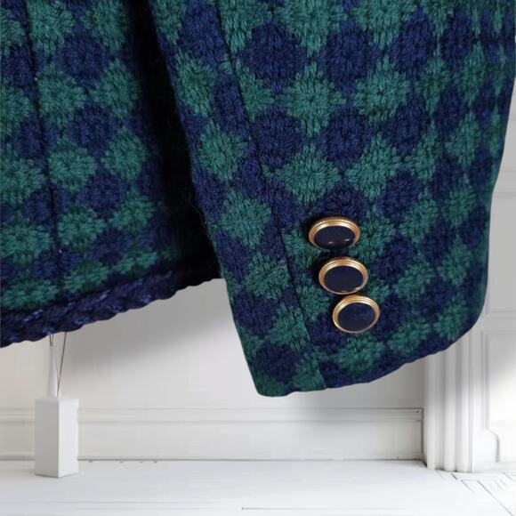 Vintage 90s Bleyle Wool Tweed Jacket 12 Green Blue Diamond Print Collared Blazer - Picture 5 of 9
